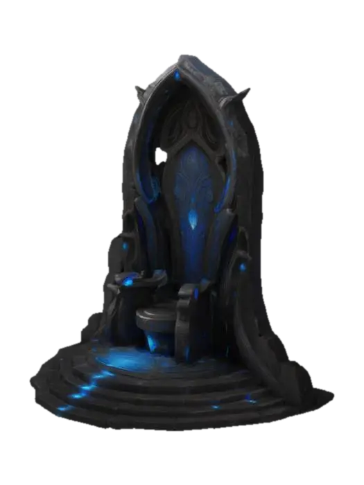 3D model for Soaring obsidian arch-back structure with gemstone patterns on ribs, onyx-inlaid throne base, light effects seeping out of cracks, botanical stone Arches, archways, glowing stained glass and gemstones, deep bold lines and edges, play assets