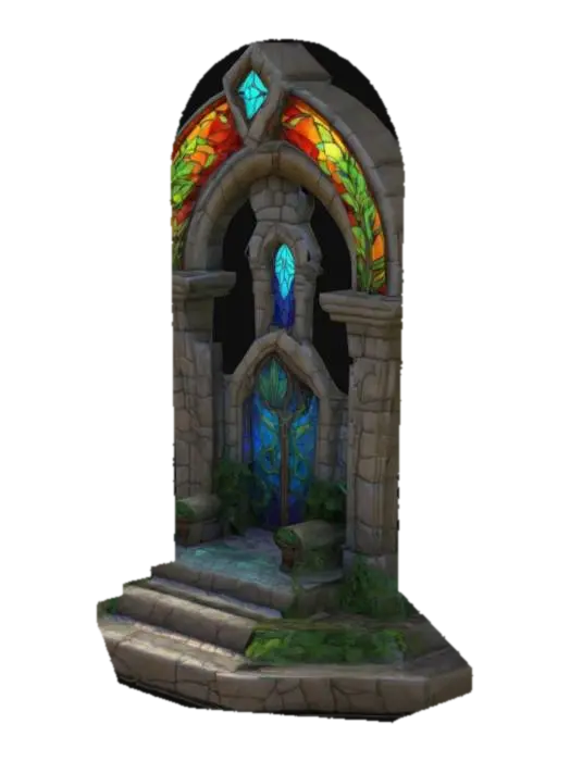 3D model for An arch-backed structure with a towering obsidian arch back, ribs inlaid with blue-violet gemstone patterns, and an onyx-embedded throne base with cracks oozing red magma light effects