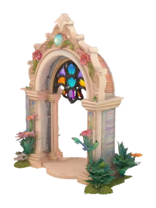 3D model for Botanical stone Arch, archway, Game Assets, Stone, Carved, hand painted, bold deep lines and edges. 
A colorful botanical stone relief arch with spring pastel nature scenes, Etched, stained glass, luminous, Carved, Polished, Highly Detailed, Ultra Realistic the inside is light and luminous and colorful all the way around, magical, fairy dust