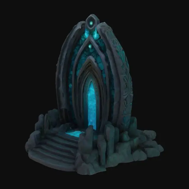 3D model for Soaring obsidian arch-back structure with gemstone patterns on ribs, onyx-inlaid throne base, light effects seeping out of cracks, botanical stone Arches, archways, glowing stained glass and gemstones, deep bold lines and edges, play assets
