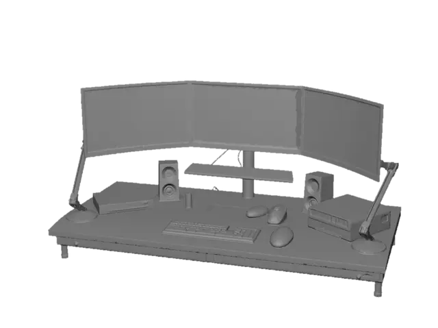 3D model for 대형 모니터 3대가 있는 전문가의 복잡한 컴퓨터 작업실 디오라마