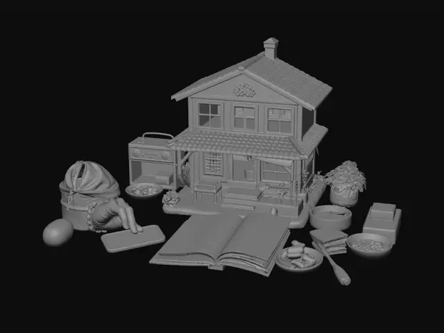 3D model for A highly detailed miniature Korean life diorama shaped as a peaceful memory tower. At the center stands a cozy family house protected by three translucent mosquito nets, symbolizing care for each family member. Around the house are interconnected scenes: a vintage game controller with retro arcade icons, a watering can beside a thriving vegetable garden, a restored old graduation photograph glowing like a treasured memory, a small smartphone displaying online connections and video calls, and an open book about health and self-reflection. A shaving razor with a tiny golden scar mark symbolizes lessons learned through mistakes. Nearby are Korean foods—melon, eggs, tofu soup, fish cake stew, lettuce wraps, and rice wine—representing simple abundance. A playground, gallery frame, Thai palace s