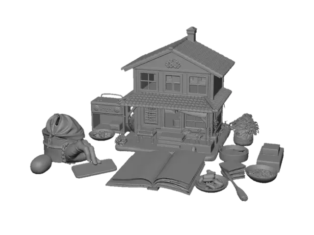 3D model for A highly detailed miniature Korean life diorama shaped as a peaceful memory tower. At the center stands a cozy family house protected by three translucent mosquito nets, symbolizing care for each family member. Around the house are interconnected scenes: a vintage game controller with retro arcade icons, a watering can beside a thriving vegetable garden, a restored old graduation photograph glowing like a treasured memory, a small smartphone displaying online connections and video calls, and an open book about health and self-reflection. A shaving razor with a tiny golden scar mark symbolizes lessons learned through mistakes. Nearby are Korean foods—melon, eggs, tofu soup, fish cake stew, lettuce wraps, and rice wine—representing simple abundance. A playground, gallery frame, Thai palace s