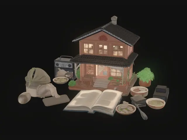 3D model for A highly detailed miniature Korean life diorama shaped as a peaceful memory tower. At the center stands a cozy family house protected by three translucent mosquito nets, symbolizing care for each family member. Around the house are interconnected scenes: a vintage game controller with retro arcade icons, a watering can beside a thriving vegetable garden, a restored old graduation photograph glowing like a treasured memory, a small smartphone displaying online connections and video calls, and an open book about health and self-reflection. A shaving razor with a tiny golden scar mark symbolizes lessons learned through mistakes. Nearby are Korean foods—melon, eggs, tofu soup, fish cake stew, lettuce wraps, and rice wine—representing simple abundance. A playground, gallery frame, Thai palace s