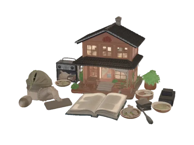 3D model for A highly detailed miniature Korean life diorama shaped as a peaceful memory tower. At the center stands a cozy family house protected by three translucent mosquito nets, symbolizing care for each family member. Around the house are interconnected scenes: a vintage game controller with retro arcade icons, a watering can beside a thriving vegetable garden, a restored old graduation photograph glowing like a treasured memory, a small smartphone displaying online connections and video calls, and an open book about health and self-reflection. A shaving razor with a tiny golden scar mark symbolizes lessons learned through mistakes. Nearby are Korean foods—melon, eggs, tofu soup, fish cake stew, lettuce wraps, and rice wine—representing simple abundance. A playground, gallery frame, Thai palace s