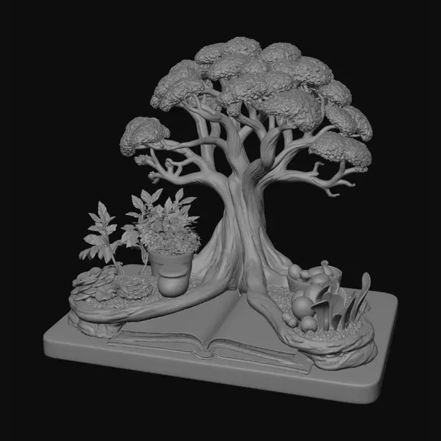 3D model for A highly detailed miniature Korean life diorama shaped like a tree of meaningful living. The roots represent community service and education, decorated with framed photos of students and volunteers. The trunk contains an open book symbolizing reflection on life mission and wisdom. The branches support a cozy family home, a married couple sharing daily life, and a glowing room representing an independent grown son. Around the base are a vegetable garden, watering can, Korean pancakes, kimchi, melon, tofu and simple groceries symbolizing humble abundance. Warm early-summer sunlight, peaceful Korean suburban atmosphere, realistic textures, emotional storytelling, photorealistic 3D model, balanced composition, collectible art piece, highly detailed.