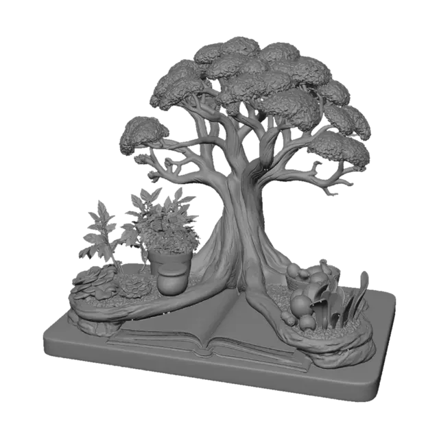 3D model for A highly detailed miniature Korean life diorama shaped like a tree of meaningful living. The roots represent community service and education, decorated with framed photos of students and volunteers. The trunk contains an open book symbolizing reflection on life mission and wisdom. The branches support a cozy family home, a married couple sharing daily life, and a glowing room representing an independent grown son. Around the base are a vegetable garden, watering can, Korean pancakes, kimchi, melon, tofu and simple groceries symbolizing humble abundance. Warm early-summer sunlight, peaceful Korean suburban atmosphere, realistic textures, emotional storytelling, photorealistic 3D model, balanced composition, collectible art piece, highly detailed.