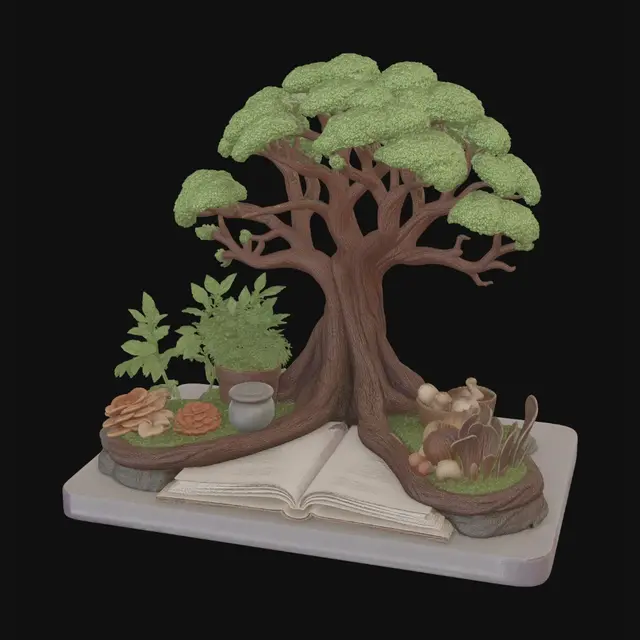 3D model for A highly detailed miniature Korean life diorama shaped like a tree of meaningful living. The roots represent community service and education, decorated with framed photos of students and volunteers. The trunk contains an open book symbolizing reflection on life mission and wisdom. The branches support a cozy family home, a married couple sharing daily life, and a glowing room representing an independent grown son. Around the base are a vegetable garden, watering can, Korean pancakes, kimchi, melon, tofu and simple groceries symbolizing humble abundance. Warm early-summer sunlight, peaceful Korean suburban atmosphere, realistic textures, emotional storytelling, photorealistic 3D model, balanced composition, collectible art piece, highly detailed.