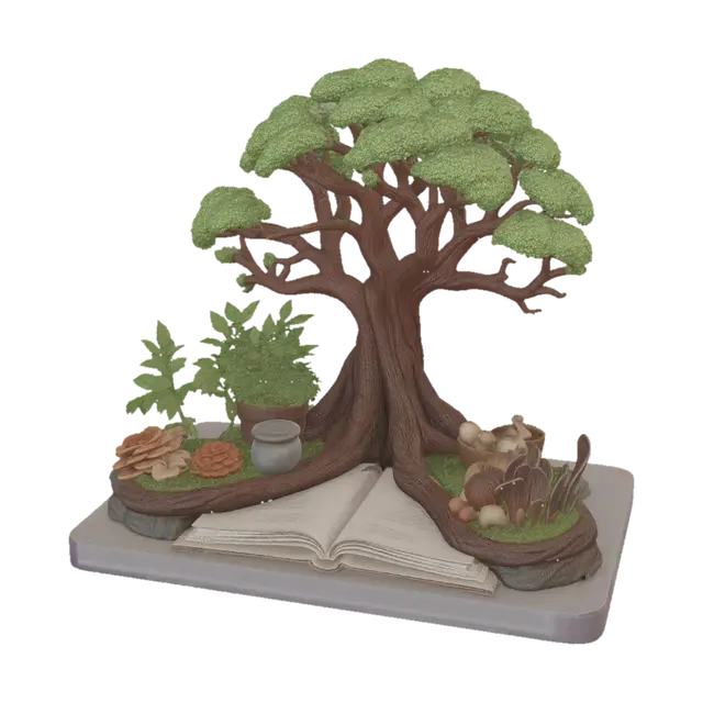 3D model for A highly detailed miniature Korean life diorama shaped like a tree of meaningful living. The roots represent community service and education, decorated with framed photos of students and volunteers. The trunk contains an open book symbolizing reflection on life mission and wisdom. The branches support a cozy family home, a married couple sharing daily life, and a glowing room representing an independent grown son. Around the base are a vegetable garden, watering can, Korean pancakes, kimchi, melon, tofu and simple groceries symbolizing humble abundance. Warm early-summer sunlight, peaceful Korean suburban atmosphere, realistic textures, emotional storytelling, photorealistic 3D model, balanced composition, collectible art piece, highly detailed.