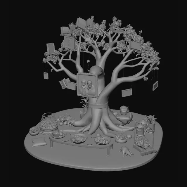 3D model for A highly detailed collectible 3D sculpture called "The Knowledge Garden". At the center stands a large glowing tree whose branches are formed from AI circuits and open books, symbolizing learning and sharing wisdom. Around the trunk float small screens displaying study discussions, video sharing, and collaboration. Embedded in the roots is a restored vintage family photograph, representing preservation of memories across generations. Small pathways lead to a miniature Czech village, symbolizing digital exploration of distant places. Near the base are a retro arcade machine, a watering can beside a thriving vegetable garden, and a playground, expressing curiosity, play, and steady daily growth. A family dining table with lettuce salad, meat, soybean soup, melon, milk, and blueberries radiat