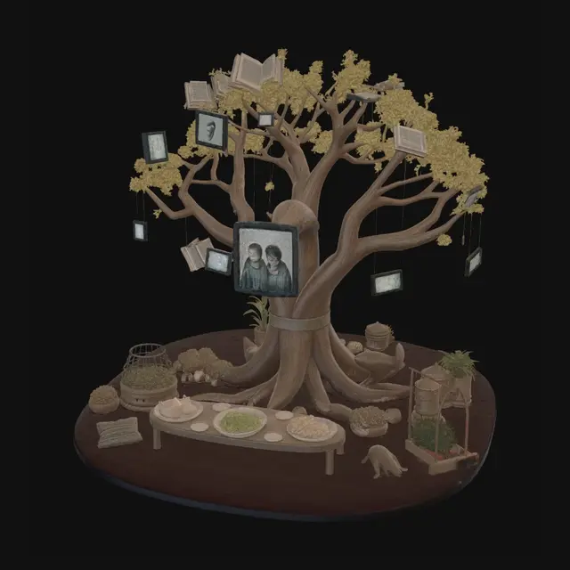 3D model for A highly detailed collectible 3D sculpture called "The Knowledge Garden". At the center stands a large glowing tree whose branches are formed from AI circuits and open books, symbolizing learning and sharing wisdom. Around the trunk float small screens displaying study discussions, video sharing, and collaboration. Embedded in the roots is a restored vintage family photograph, representing preservation of memories across generations. Small pathways lead to a miniature Czech village, symbolizing digital exploration of distant places. Near the base are a retro arcade machine, a watering can beside a thriving vegetable garden, and a playground, expressing curiosity, play, and steady daily growth. A family dining table with lettuce salad, meat, soybean soup, melon, milk, and blueberries radiat