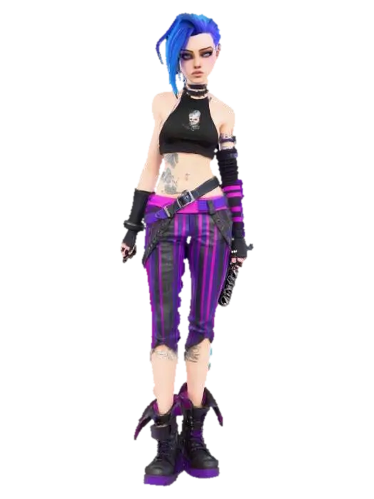 High-quality stylized 3D character, blue-haired punk girl with striped pants and… - Bluehair 3D model, vytvořený pomocí AI