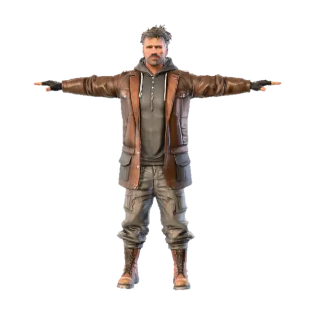 Realistic stylized male survivor, around 35 years old, slim athletic build.… 3D model, vytvořený pomocí AI