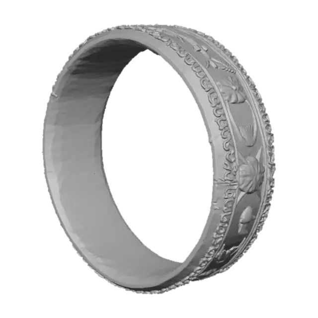 3D model for An ultra-realistic 8K render of a forged oval brass anklet, 5 mm wide and 3 mm thick, shaped perfectly to rest above the ankle bone. The metal glows warm honey-gold with green undertones, mirror-polished on edges and satin-matte in carved areas. On the left side, a seamless hinge with interlocking knuckles; on the right, a locking pin made from 1 mm brass wire threaded through a small hole, wrapped three tight coils around the band, and silver-soldered flush on the outside. The outer surface shows deep debossed Nancy-cherry and mango-bloom motifs, petals and stems intertwining with crisp detail; the inner face bears subtle root-like engravings. Soft diffused light reveals fine texture, shadow depth, and lifelike metallic reflections.