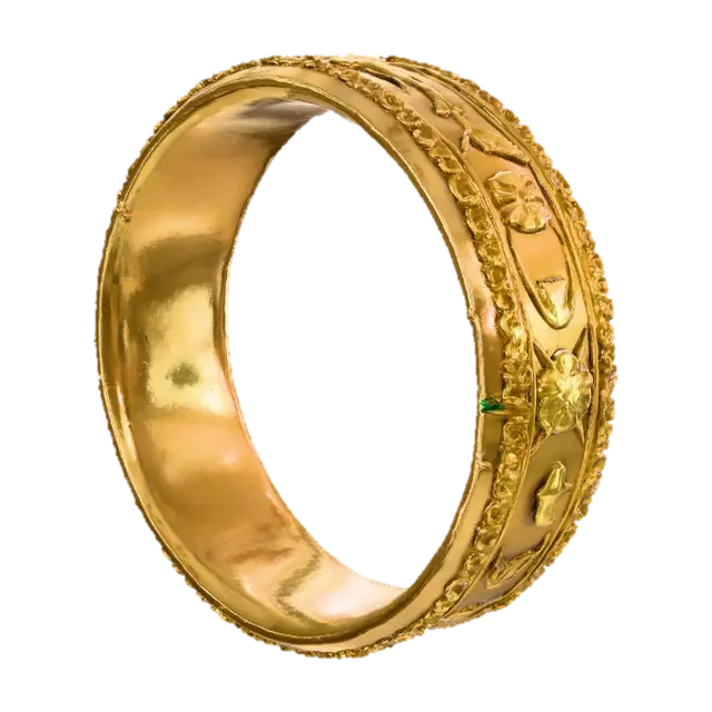 3D model for An ultra-realistic 8K render of a forged oval brass anklet, 5 mm wide and 3 mm thick, shaped perfectly to rest above the ankle bone. The metal glows warm honey-gold with green undertones, mirror-polished on edges and satin-matte in carved areas. On the left side, a seamless hinge with interlocking knuckles; on the right, a locking pin made from 1 mm brass wire threaded through a small hole, wrapped three tight coils around the band, and silver-soldered flush on the outside. The outer surface shows deep debossed Nancy-cherry and mango-bloom motifs, petals and stems intertwining with crisp detail; the inner face bears subtle root-like engravings. Soft diffused light reveals fine texture, shadow depth, and lifelike metallic reflections.