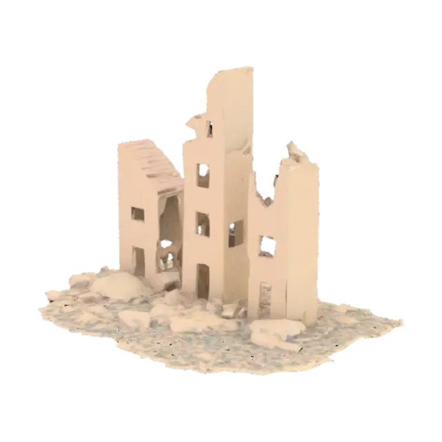 3 low poly ruined building - Deserted 3D model, vytvořený pomocí AI