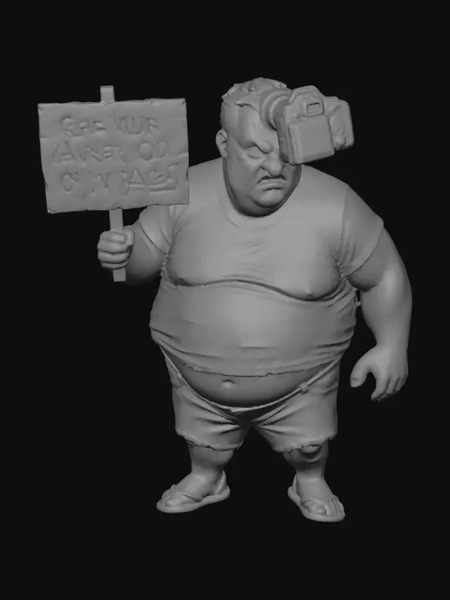 3D model for A fat man with a big belly, wearing a t-shirt and blue jean shorts shorts and flipflop sandals. The fat man has a big camera turned so it's facing him ( the lens is jabbed into his face, with the back side of the camera facing out toward the front) & that camera is literally halfway into his face & skull. The man has an angry look on his furiously red
face & he is holding a sign that says "GET YOUR CAMERA OUT OF MY FACE!"