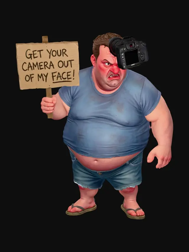 3D model for A fat man with a big belly, wearing a t-shirt and blue jean shorts shorts and flipflop sandals. The fat man has a big camera turned so it's facing him ( the lens is jabbed into his face, with the back side of the camera facing out toward the front) & that camera is literally halfway into his face & skull. The man has an angry look on his furiously red
face & he is holding a sign that says "GET YOUR CAMERA OUT OF MY FACE!"