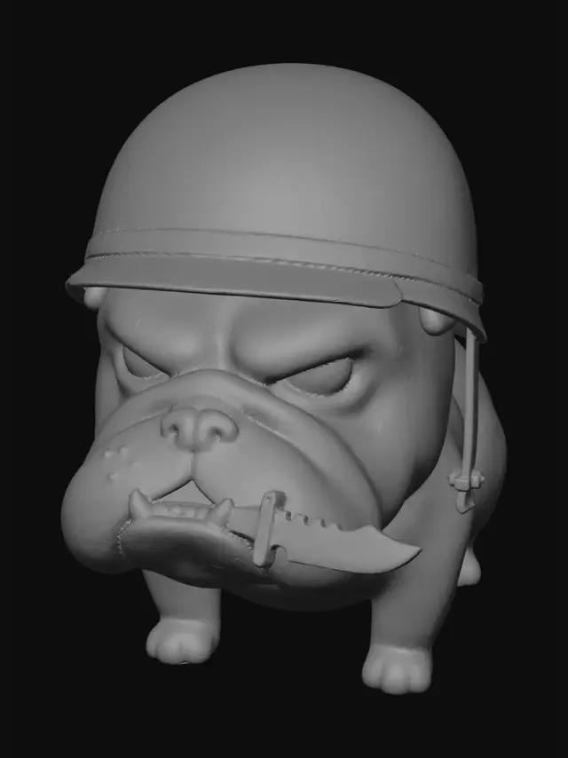 3D model for A 4-colored cartoon character English bulldog with a marine corp helmet that says USMC on the front of the helmet, and a knife between its teeth, while having a mean look on its face.