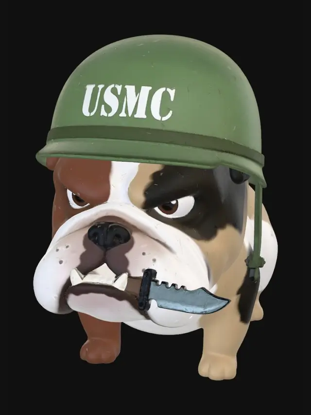 3D model for A 4-colored cartoon character English bulldog with a marine corp helmet that says USMC on the front of the helmet, and a knife between its teeth, while having a mean look on its face.