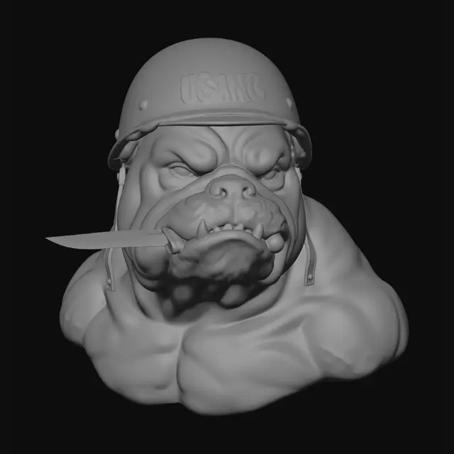 3D model for a bust of a brown and white-colored cartoon character English bulldog with huge muscles, and an olive green marine corp helmet that says USMC on the front of the helmet, and a knife between its teeth, while having a mean look on its face.