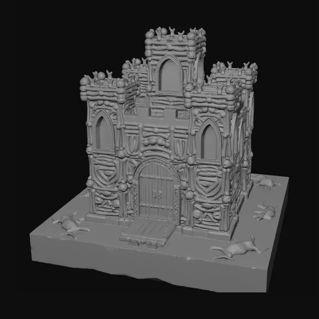3D model for A medieval castle made with human skeletons.  There's gold trim around the window openings, as well as gold trim around the draw bridge door, and the castle has a black moat encircling it, with dead carcasses floating in it.  A wicked king stands in the upper room of the castle, looking out the window.