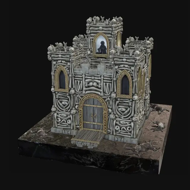 3D model for A medieval castle made with human skeletons.  There's gold trim around the window openings, as well as gold trim around the draw bridge door, and the castle has a black moat encircling it, with dead carcasses floating in it.  A wicked king stands in the upper room of the castle, looking out the window.
