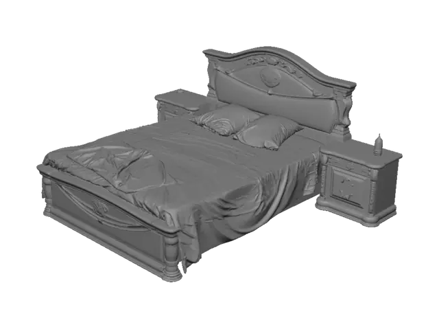 3D model for Ornate Carved Bed in a Purple Wallpaper Bedroom