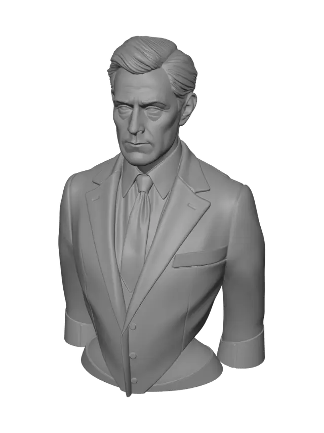 3D model for Realistic bronze bust sculpture of a man in suit and tie, on square stone pedestal. 
Professional memorial portrait, museum quality. 
Detailed facial features, realistic hair, jacket lapels, necktie. 
Matte aged bronze material, dramatic studio lighting, dark background. 
Solid watertight mesh, clean topology, high detail for 3D printing.