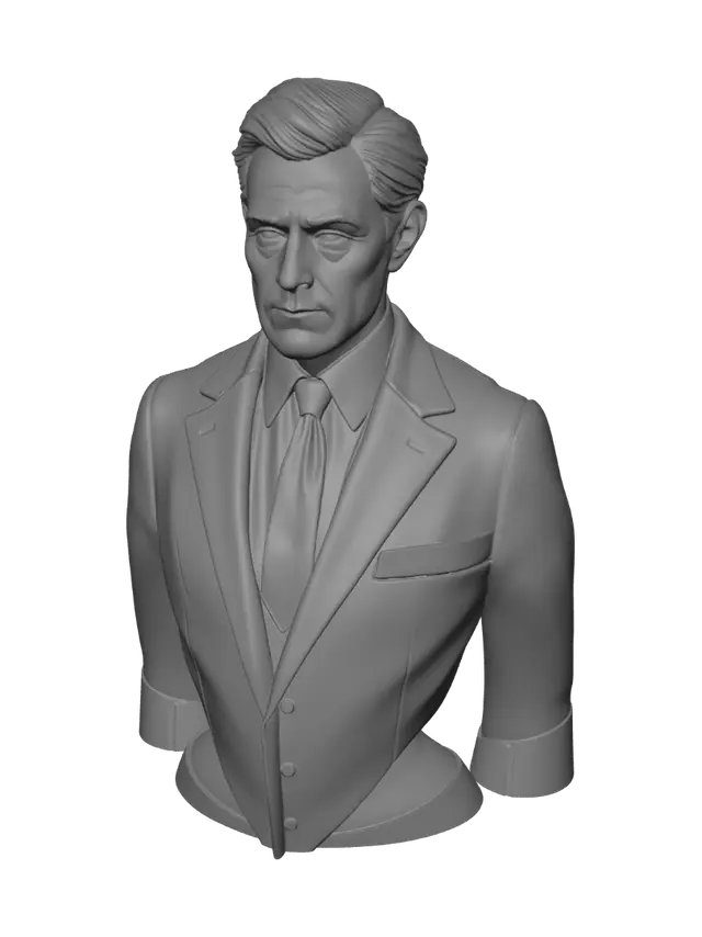 3D model for Realistic bronze bust sculpture of a man in suit and tie, on square stone pedestal. 
Professional memorial portrait, museum quality. 
Detailed facial features, realistic hair, jacket lapels, necktie. 
Matte aged bronze material, dramatic studio lighting, dark background. 
Solid watertight mesh, clean topology, high detail for 3D printing.