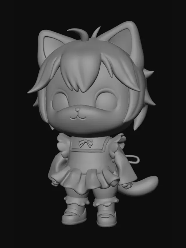 3D model for kawaii chibi mascot character, oversized head and tiny body, plush vinyl toy style, large glossy expressive eyes, small mouth, cat ears on head, exaggerated spiky stylized hair, frilly maid-inspired outfit with ribbons and apron details, bright saturated colors, collectible figurine aesthetic, soft rounded shapes, highly simplified anatomy, cute energetic expression. Di Gi Charat character