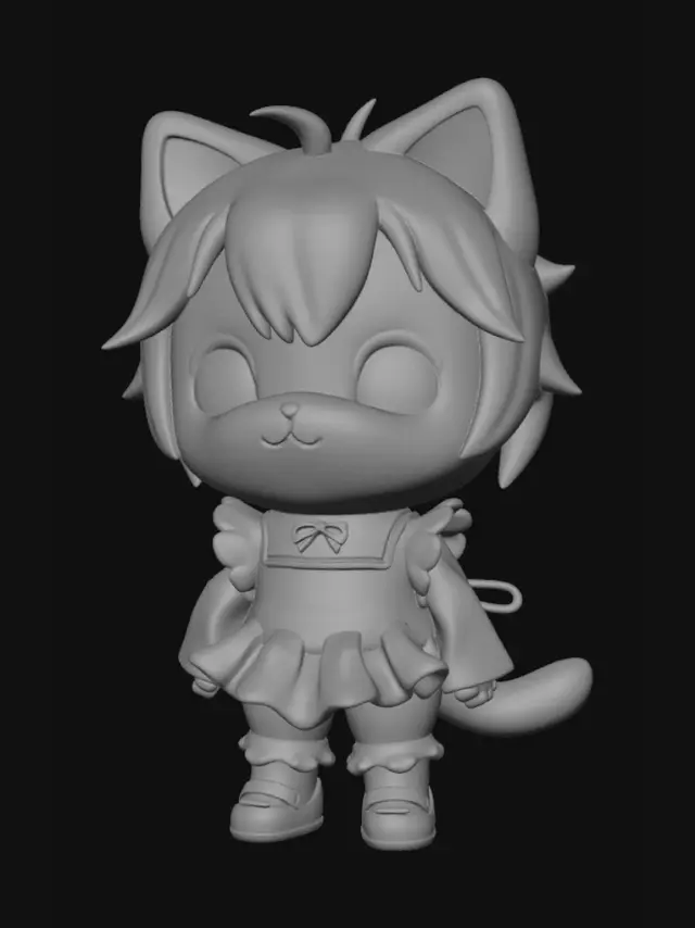3D model for kawaii chibi mascot character, oversized head and tiny body, plush vinyl toy style, large glossy expressive eyes, small mouth, cat ears on head, exaggerated spiky stylized hair, frilly maid-inspired outfit with ribbons and apron details, bright saturated colors, collectible figurine aesthetic, soft rounded shapes, highly simplified anatomy, cute energetic expression. Di Gi Charat character