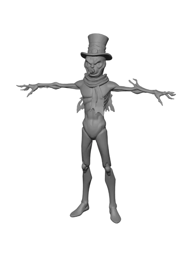 3D model for A full-body stylised Frostbitten Snowman character with tall, slim heroic proportions similar to a humanoid figure rather than a round traditional snowman. Body made of elongated snow segments shaped like a tall figure’s torso and limbs, with cracked icy textures exposing faint blue magical light beneath. Head is small and expressive, with glowing coal-like eyes leaking dark frost. Carrot nose is chipped and crooked. Arms resemble icy branches shaped like humanoid limbs. Wears a tattered scarf and a damaged top hat. Cold vapour drifts from the mouth area, suggesting frost powers. Silhouette should be bold, clean, and readable with stylised shading. Emphasise an elegant yet eerie icy presence — a winter guardian corrupted by frost magic. #Christmas2025#