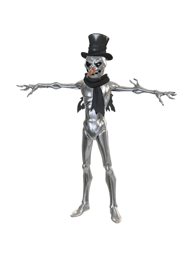 3D model for A full-body stylised Frostbitten Snowman character with tall, slim heroic proportions similar to a humanoid figure rather than a round traditional snowman. Body made of elongated snow segments shaped like a tall figure’s torso and limbs, with cracked icy textures exposing faint blue magical light beneath. Head is small and expressive, with glowing coal-like eyes leaking dark frost. Carrot nose is chipped and crooked. Arms resemble icy branches shaped like humanoid limbs. Wears a tattered scarf and a damaged top hat. Cold vapour drifts from the mouth area, suggesting frost powers. Silhouette should be bold, clean, and readable with stylised shading. Emphasise an elegant yet eerie icy presence — a winter guardian corrupted by frost magic. #Christmas2025#