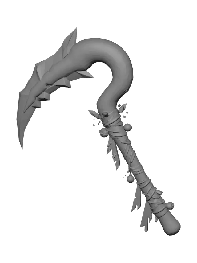 3D model for A stylized melee weapon shaped like a large candy cane scythe. The curved blade follows the classic red-and-white spiral design but is cracked in places, revealing glowing energy within. Blade edge should be sharpened, exaggerated, and graphic. The handle is wrapped with festive cloth strips and small decorative elements like bells or frost crystals. The silhouette must be bold and easily readable, with stylised shading and vibrant colours. The weapon should look playful yet dangerous, fitting a magical holiday-themed arsenal. , #Christmas2025#