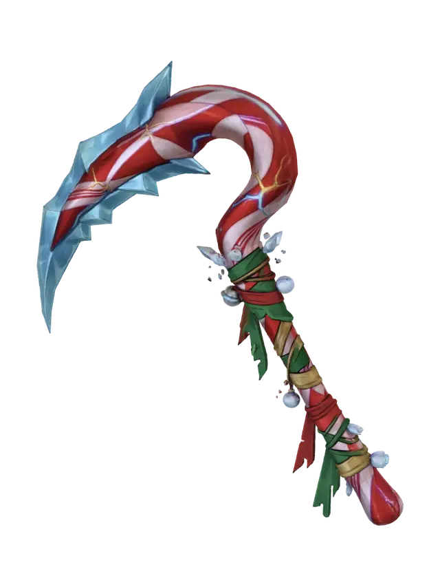 3D model for A stylized melee weapon shaped like a large candy cane scythe. The curved blade follows the classic red-and-white spiral design but is cracked in places, revealing glowing energy within. Blade edge should be sharpened, exaggerated, and graphic. The handle is wrapped with festive cloth strips and small decorative elements like bells or frost crystals. The silhouette must be bold and easily readable, with stylised shading and vibrant colours. The weapon should look playful yet dangerous, fitting a magical holiday-themed arsenal. , #Christmas2025#