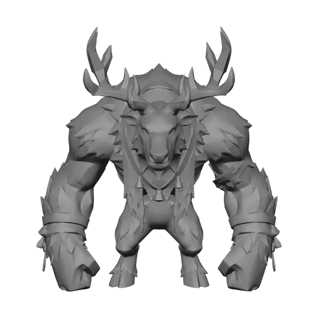 3D model for A full-body stylized Reindeer Brute enemy with a large, powerful, intimidating build. Massive upper body, thick limbs, hunched forward stance, and a wide, heavy silhouette. Fur is patchy with areas of exposed muscle or bone, suggesting undead corruption. Antlers are cracked, asymmetrical, and partly broken, glowing faintly with a supernatural energy. Eyes burn with an angry orange or red glow. The creature may wear remnants of festive harness straps, bells, or torn decorative fabric. Emphasize brute strength with exaggerated proportions, bulky shapes, and stylised shading. The overall design should feel like a corrupted holiday guardian turned monstrous tank-like creature , #Christmas2025#