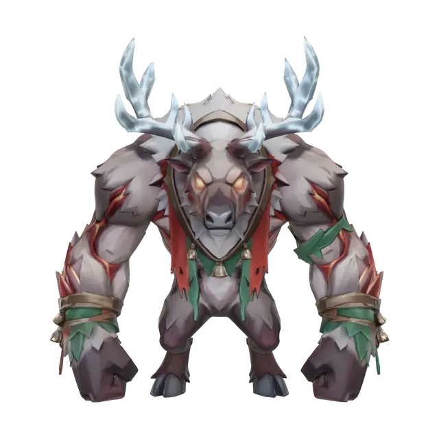 3D model for A full-body stylized Reindeer Brute enemy with a large, powerful, intimidating build. Massive upper body, thick limbs, hunched forward stance, and a wide, heavy silhouette. Fur is patchy with areas of exposed muscle or bone, suggesting undead corruption. Antlers are cracked, asymmetrical, and partly broken, glowing faintly with a supernatural energy. Eyes burn with an angry orange or red glow. The creature may wear remnants of festive harness straps, bells, or torn decorative fabric. Emphasize brute strength with exaggerated proportions, bulky shapes, and stylised shading. The overall design should feel like a corrupted holiday guardian turned monstrous tank-like creature , #Christmas2025#