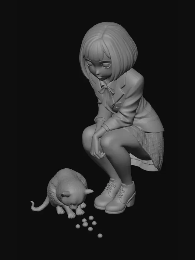 3D model for A high school girl wearing a skirt and blazer uniform. She is crouching down. She has short bob hair. She is staring at a cat eating food a short distance away.