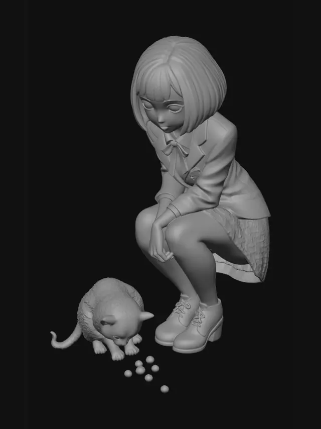 3D model for A high school girl wearing a skirt and blazer uniform. She is crouching down. She has short bob hair. She is staring at a cat eating food a short distance away.