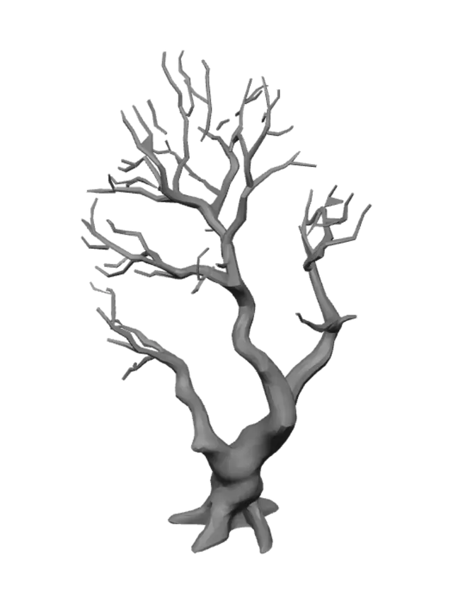 3D model for A low-poly dead tree, post-apocalyptic style, for a survival horror game. Bare twisted trunk and branches with no leaves, slightly leaning and asymmetric silhouette. Flat-shaded low-poly geometry (under 500 triangles), simple faceted look. Color palette: desaturated dark brown-grey bark (#4a3826 base), muted sickly olive-green undertones (#7A8C3A) suggesting toxic contamination. No foliage, no textures needed beyond flat vertex colors. Game-ready, centered pivot at base, single mesh, optimized for real-time rendering in Three.js