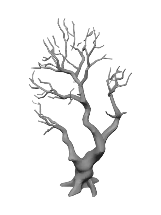 3D model for A low-poly dead tree, post-apocalyptic style, for a survival horror game. Bare twisted trunk and branches with no leaves, slightly leaning and asymmetric silhouette. Flat-shaded low-poly geometry (under 500 triangles), simple faceted look. Color palette: desaturated dark brown-grey bark (#4a3826 base), muted sickly olive-green undertones (#7A8C3A) suggesting toxic contamination. No foliage, no textures needed beyond flat vertex colors. Game-ready, centered pivot at base, single mesh, optimized for real-time rendering in Three.js