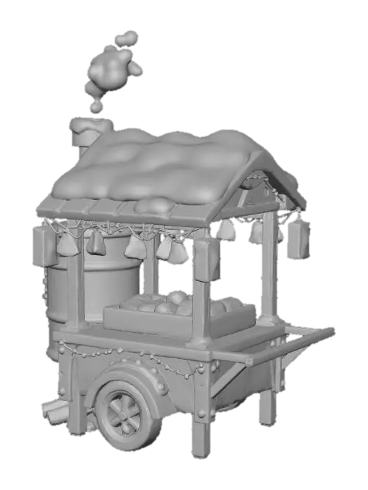 3D model for A cute Korean winter street Christmas theme sweet potato roasting cart.
Stylized toy-like 3D model, soft round shapes, Korean roasted sweet potato drum machine with small chimney steaming, red metal barrel with little roasting doors. Warm firewood under the cart. Snow on top of the cart roof and chimney. Soft color palette, warm light, cozy holiday mood. Small Korean ornaments like mini hanbok-pattern ribbons and traditional lantern (청사초롱) decoration. Christmas lights wrapped around the cart, tiny snowflakes. High quality, clean topology, 3D game asset style.