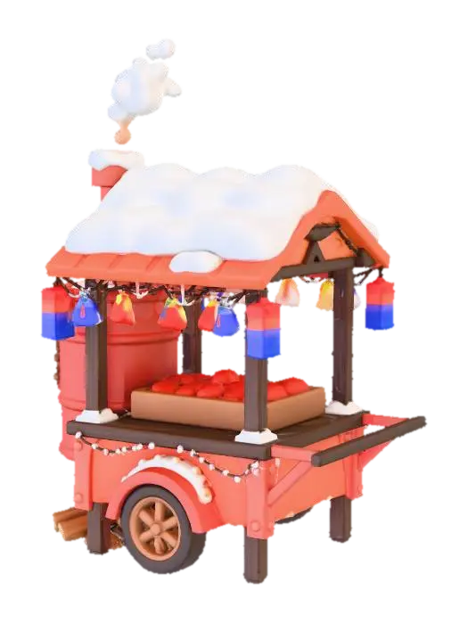 3D model for A cute Korean winter street Christmas theme sweet potato roasting cart.
Stylized toy-like 3D model, soft round shapes, Korean roasted sweet potato drum machine with small chimney steaming, red metal barrel with little roasting doors. Warm firewood under the cart. Snow on top of the cart roof and chimney. Soft color palette, warm light, cozy holiday mood. Small Korean ornaments like mini hanbok-pattern ribbons and traditional lantern (청사초롱) decoration. Christmas lights wrapped around the cart, tiny snowflakes. High quality, clean topology, 3D game asset style.
