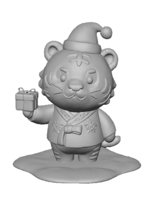3D model for A cute Korean traditional tiger character wearing a Santa hat and hanbok-style clothing, holding a small holiday gift, playful pose, winter background with snowflakes inspired by Korean patterns, stylized 3D, charming mascot style, no text, high detail, soft colors