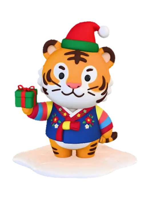 3D model for A cute Korean traditional tiger character wearing a Santa hat and hanbok-style clothing, holding a small holiday gift, playful pose, winter background with snowflakes inspired by Korean patterns, stylized 3D, charming mascot style, no text, high detail, soft colors