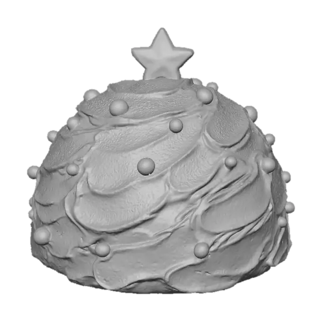 3D model for 귀여운 크리스마스트리 모양의 3D 케이크 모델. 진한 초록색 프로스팅으로 덮여있고, 표면에는 섬세한 크림 질감이 느껴진다. 눈처럼 하얀 설탕 가루와 반짝이는 작은 빨간색 베리, 금색 구슬 장식이 뿌려져 있으며, 맨 위에는 빛나는 노란색 설탕별이 꽂혀있다. 전체적으로 부드럽고 둥근 외형과 촉촉한 질감이 강조된, 매우 먹음직스러운 모습이다.