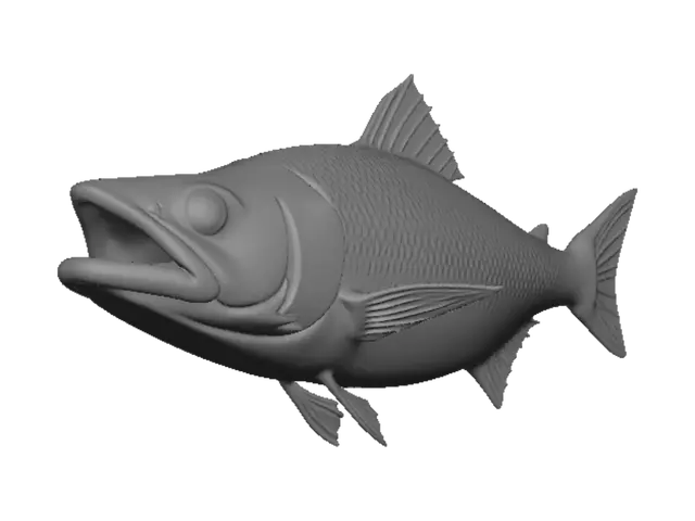 3D model for A 3D model of a Common Salmon scaled to 3 studs long by 1 stud wide, streamlined pinkish-silver stream fish body frame with extruded 3D eye socket orbits, glossy black eyes, open mouth jaw with inner tongue geometry, multi-layered dorsal and pectoral fins, and carved side gill covers. Pinkish-silver scale bump-map surface material with dark back gradient shading. Realistic 3D game asset, PBR textures, 4k resolution, clean topology, neutral white background.