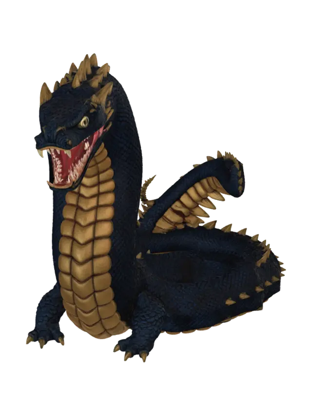 3D model for A 3D model of The World Serpent Jörmungandr scaled to 50 studs long by 18 studs wide, gigantic ultimate titan serpent body frame featuring a majestic crown-like head ridge skull structure, massive fangs inside an open mouth, massive serpentine scale body coils, and a finned tail crown. Glowing yellow eyes with vertical slit pupils. Obsidian dark scale shader with metallic gold overlapping belly plates and glowing yellow eyes. Epic boss tier 3D game asset.