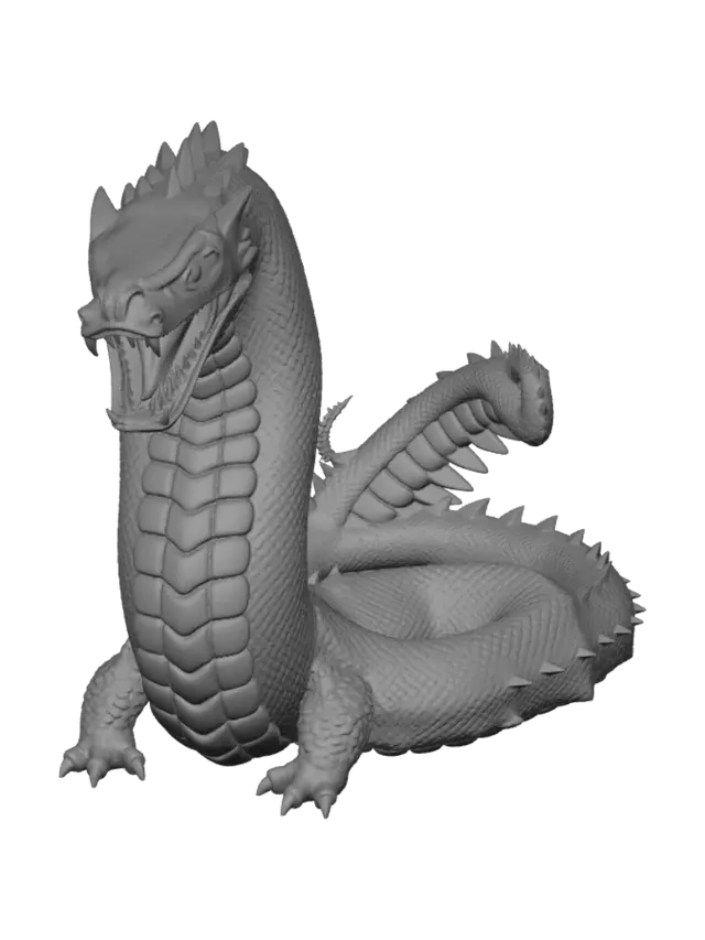 3D model for A 3D model of The World Serpent Jörmungandr scaled to 50 studs long by 18 studs wide, gigantic ultimate titan serpent body frame featuring a majestic crown-like head ridge skull structure, massive fangs inside an open mouth, massive serpentine scale body coils, and a finned tail crown. Glowing yellow eyes with vertical slit pupils. Obsidian dark scale shader with metallic gold overlapping belly plates and glowing yellow eyes. Epic boss tier 3D game asset.